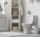 A white toilet and vertical storage unit appear against the bathroom wall. There's a white rug on the tile floor.