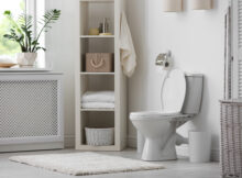 A white toilet and vertical storage unit appear against the bathroom wall. There's a white rug on the tile floor.