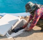 A man wearing a green camouflage hat is working on a pool pump system. The system is in a white compartment near the pool.